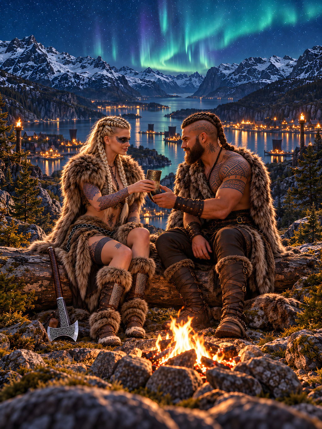 Nordlicht am Fjord – Wikingerpaar am Lagerfeuer unter Nordlichtern, vollständiges Motiv