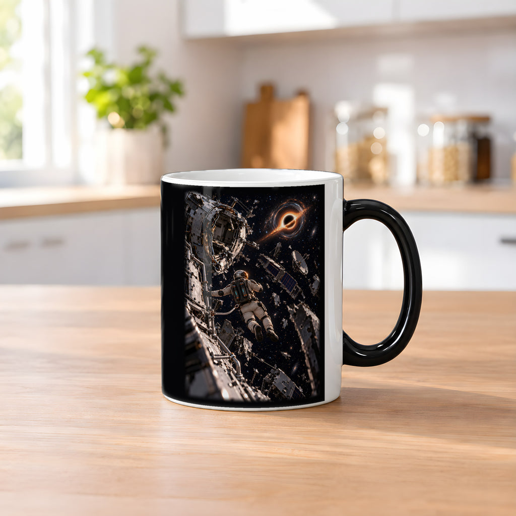 Das Orbitalwrack – Astronaut im Trümmerfeld einer Raumstation vor einem schwarzen Loch, Black Edition (Zaubertasse), auf einem Küchentresen