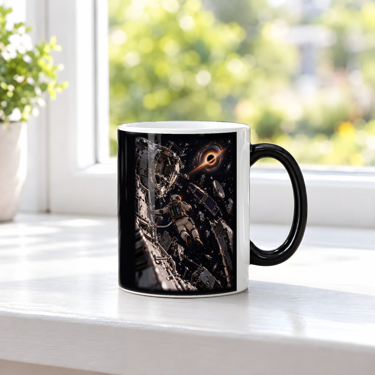 Das Orbitalwrack – Astronaut im Trümmerfeld einer Raumstation vor einem schwarzen Loch, Black Edition (Zaubertasse), auf einer Fensterbank