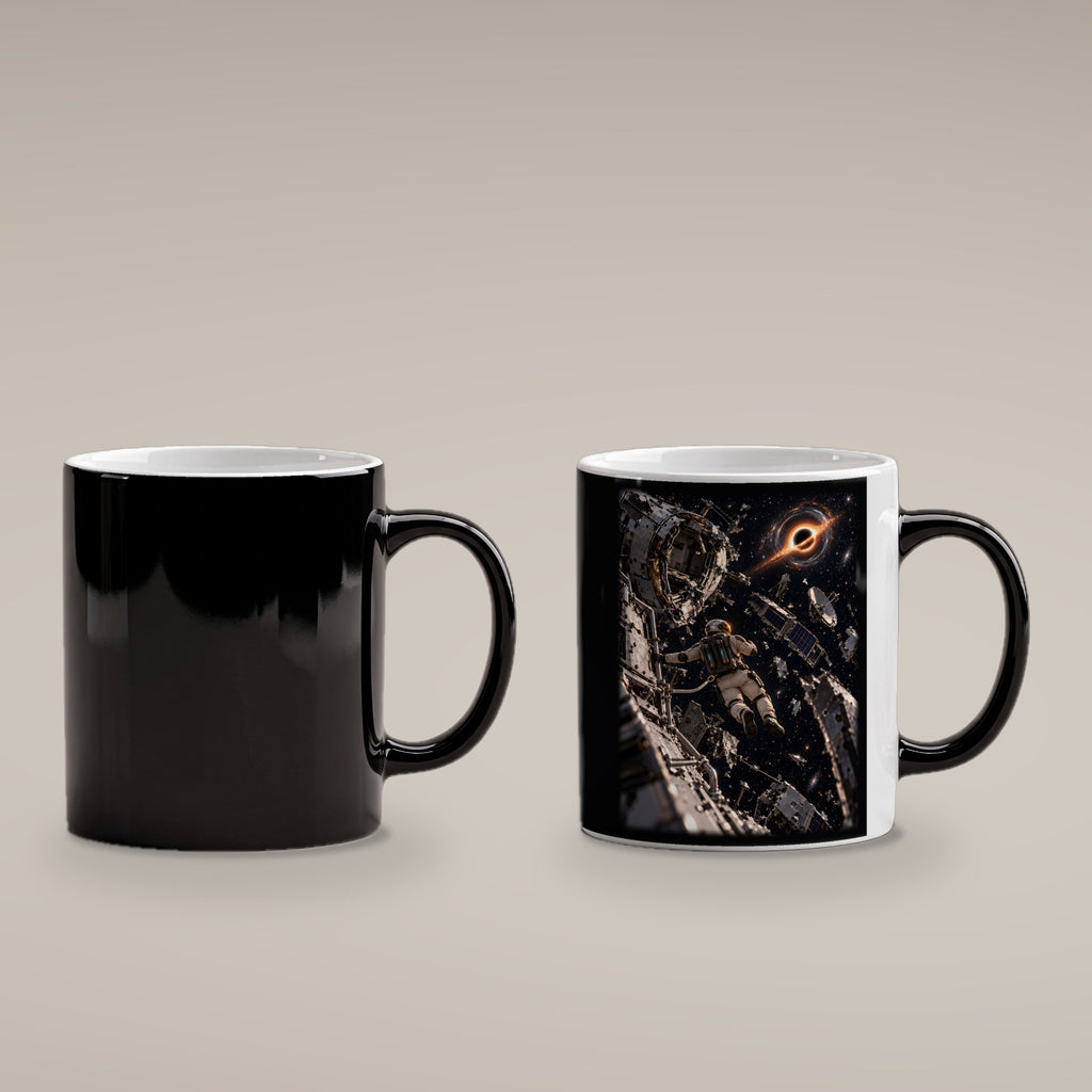 Das Orbitalwrack – Astronaut im Trümmerfeld einer Raumstation vor einem schwarzen Loch, Black Edition (Zaubertasse), kalt schwarz und heiß mit Motiv