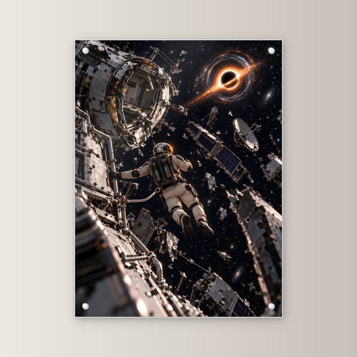 Das Orbitalwrack – Astronaut im Trümmerfeld einer Raumstation vor einem schwarzen Loch, auf Acrylglas mit vier Abstandshaltern, gerade von vorn an heller Wand