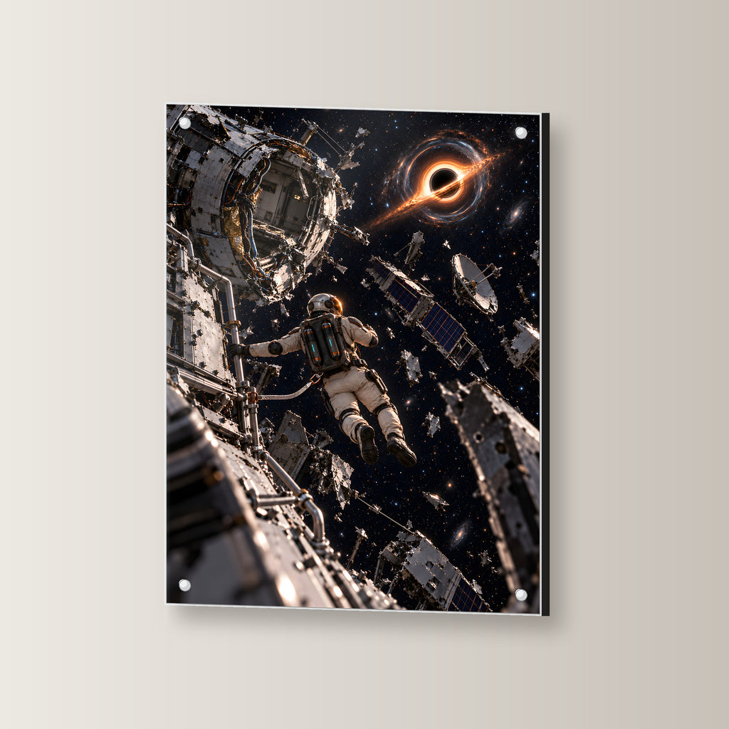 Das Orbitalwrack – Astronaut im Trümmerfeld einer Raumstation vor einem schwarzen Loch, auf Acrylglas mit vier Abstandshaltern, leicht gedreht an der Wand
