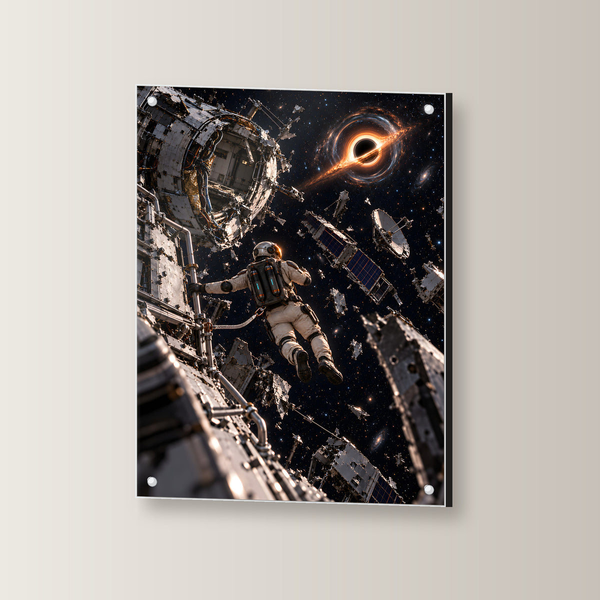 Das Orbitalwrack – Astronaut im Trümmerfeld einer Raumstation vor einem schwarzen Loch, auf Acrylglas mit vier Abstandshaltern, leicht gedreht an der Wand