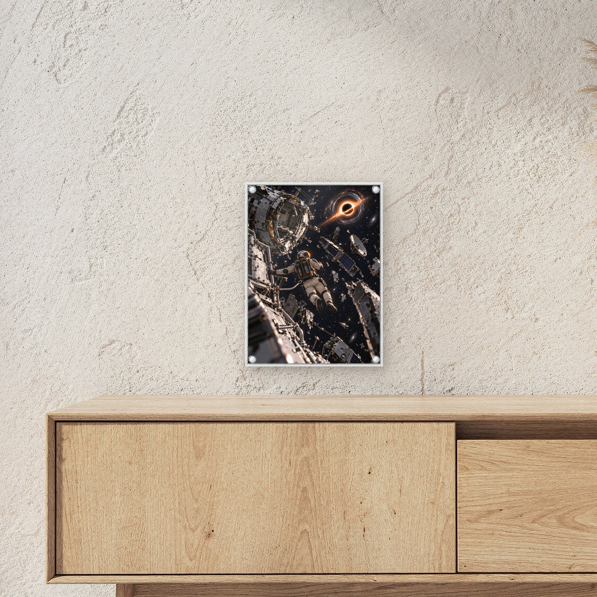 Das Orbitalwrack – Astronaut im Trümmerfeld einer Raumstation vor einem schwarzen Loch, auf Acrylglas mit vier Abstandshaltern, über einem Sideboard, Größenansicht im Raum