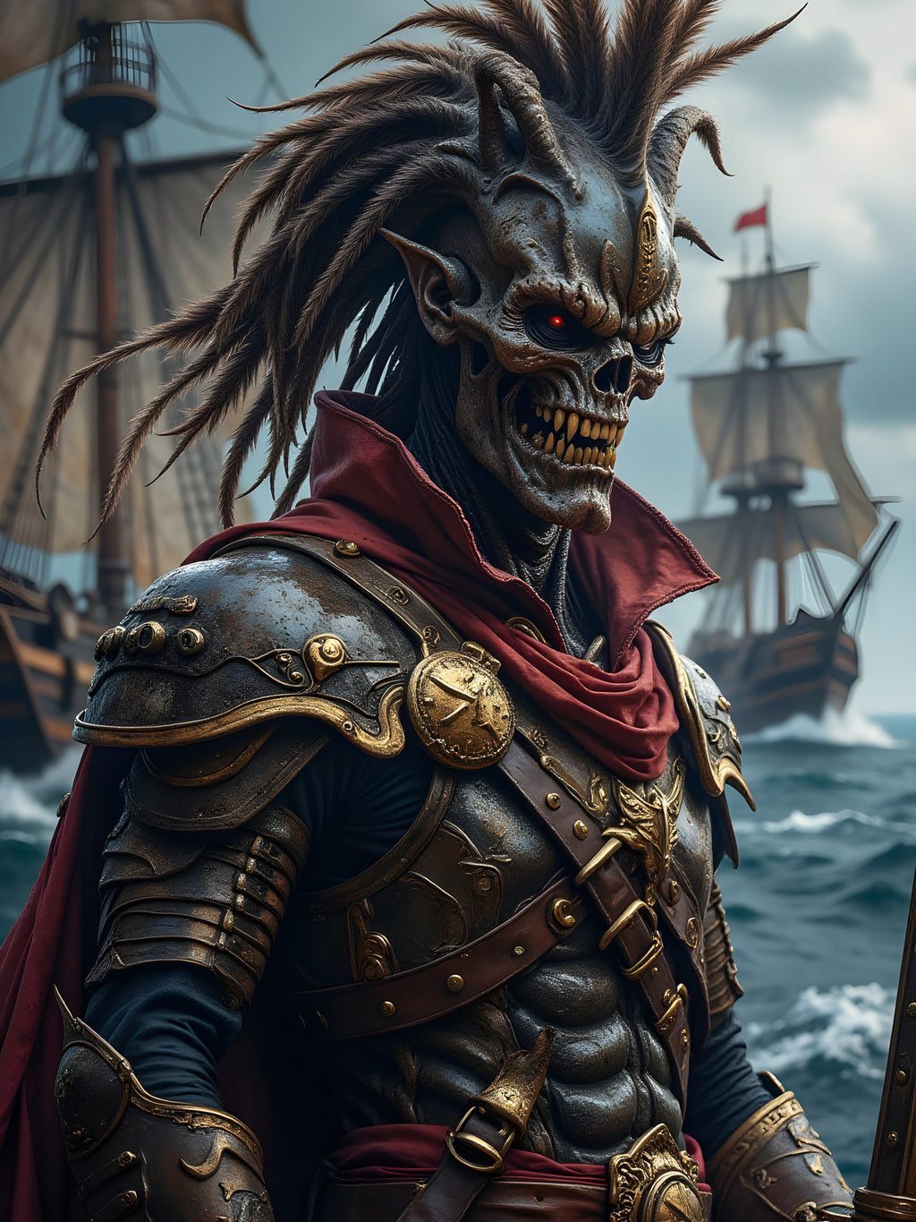 Der Piratenkönig — untoter Kapitän in goldener Rüstung vor der Flotte