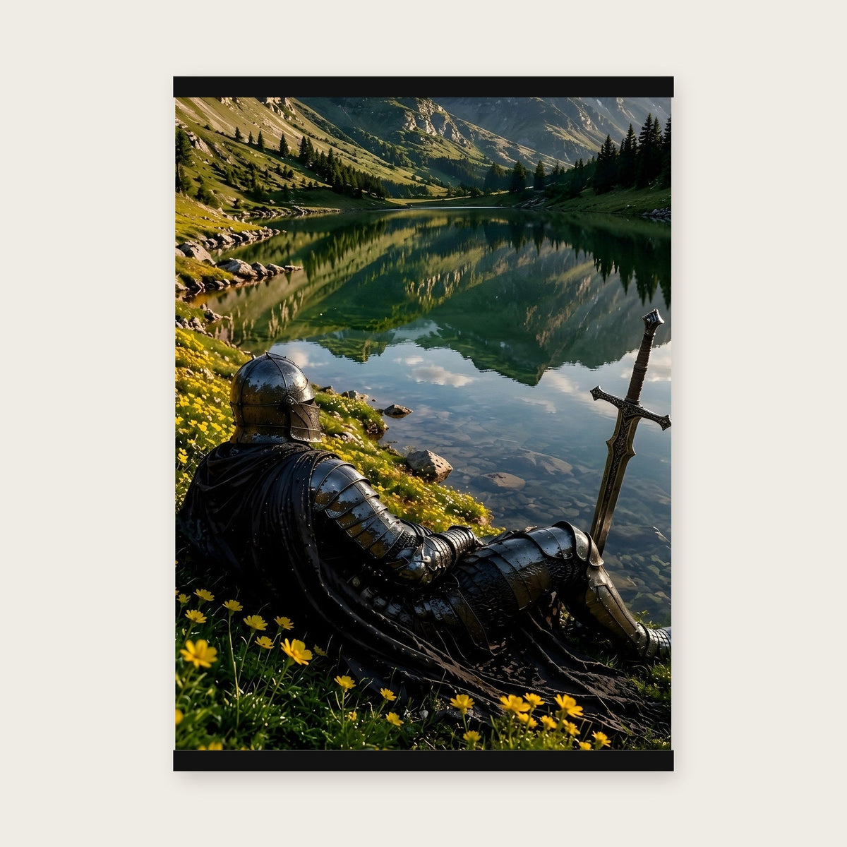 Ruhe am Bergsee – Poster mit schwarzer Holzleiste, 50×70 cm