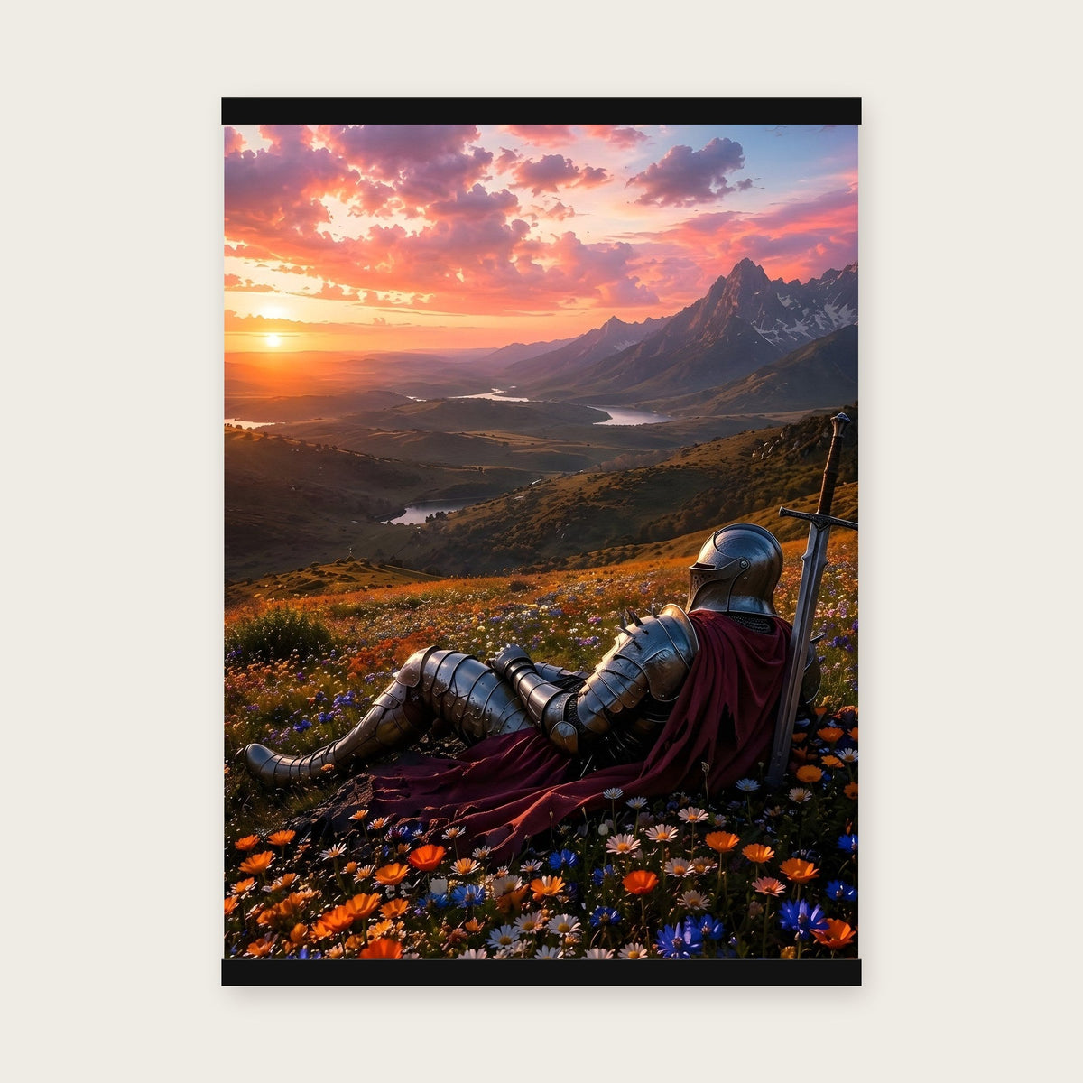 Die Rast des Ritters – Poster mit schwarzer Holzleiste, 50×70 cm