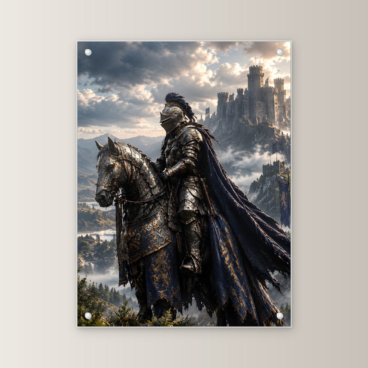Ritt zur Nebelburg – Ritter zu Pferd vor einer Burg über dem Nebelmeer, auf Acrylglas mit Abstandshaltern, von vorn an heller Wand