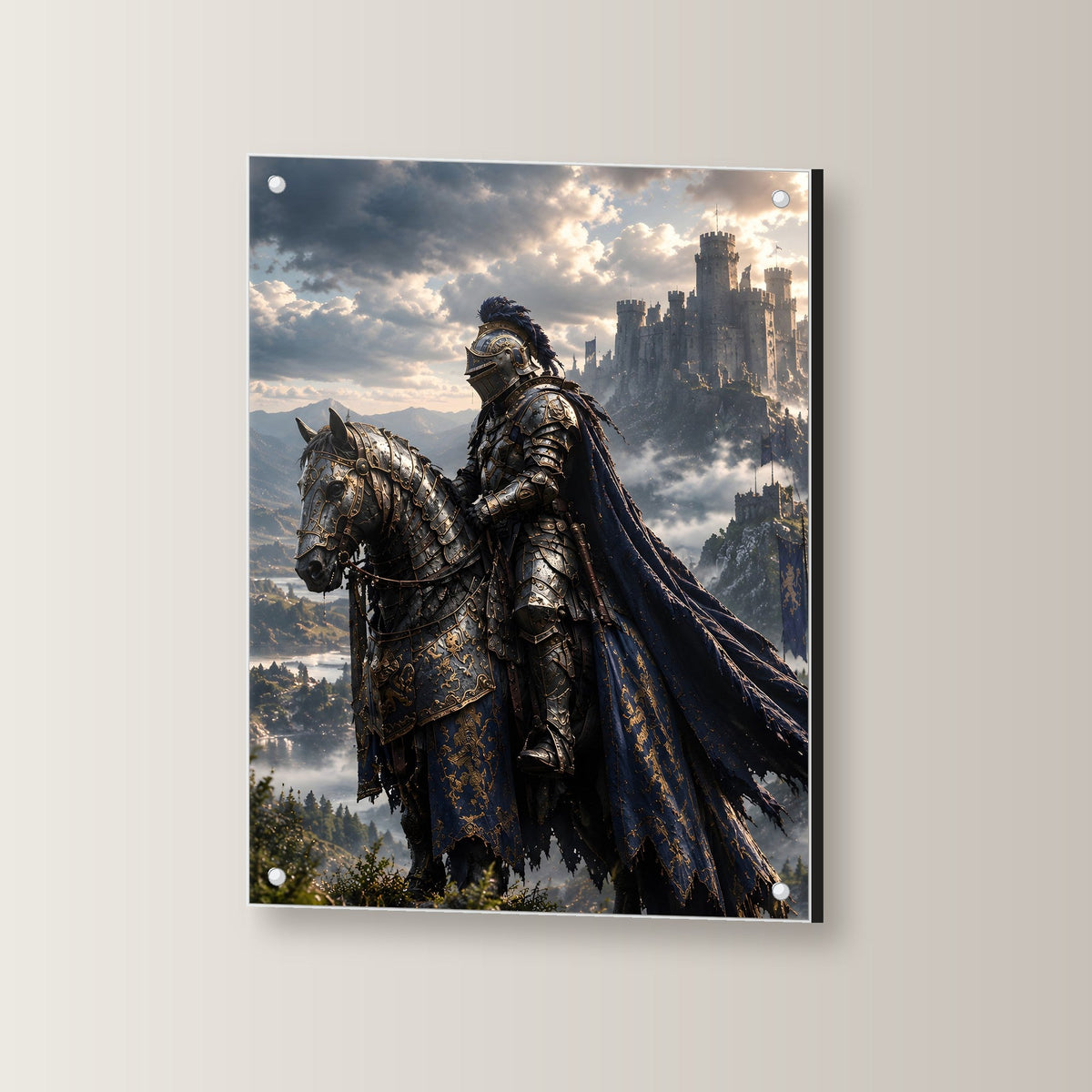 Ritt zur Nebelburg – Ritter zu Pferd vor einer Burg über dem Nebelmeer, auf Acrylglas mit Abstandshaltern, leicht gedreht an der Wand