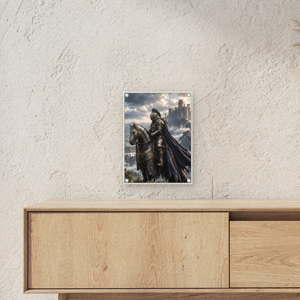 Ritt zur Nebelburg – Ritter zu Pferd vor einer Burg über dem Nebelmeer, auf Acrylglas mit Abstandshaltern, über einem Sideboard
