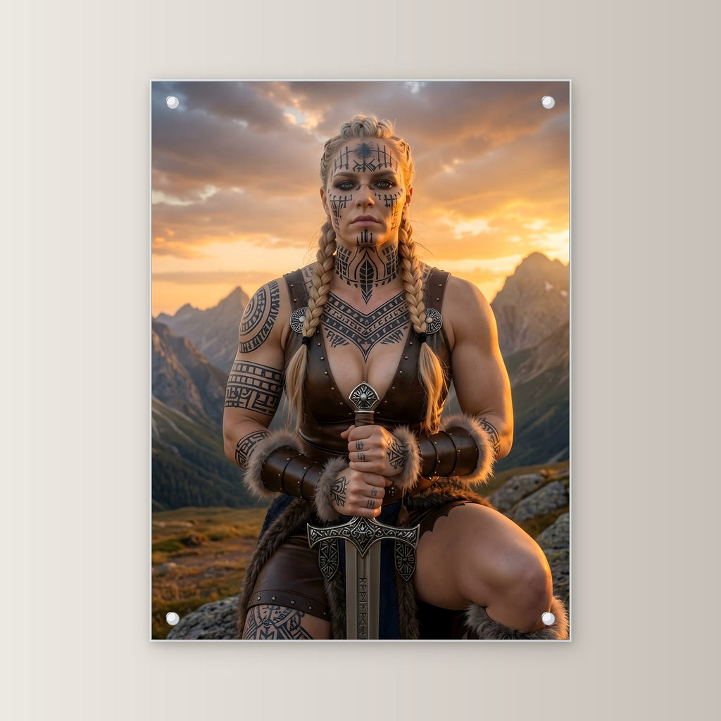 Die Runenkriegerin – Schildmaid mit Runen im Gesicht kniet mit Schwert vor den Bergen, auf Acrylglas mit Edelstahl-Abstandshaltern, gerade von vorn an heller Wand