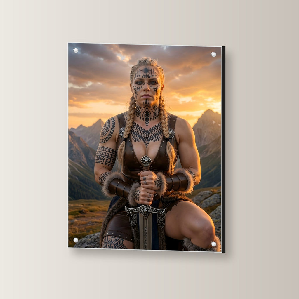 Die Runenkriegerin – Schildmaid mit Runen im Gesicht kniet mit Schwert vor den Bergen, auf Acrylglas mit Edelstahl-Abstandshaltern, leicht gedreht an der Wand