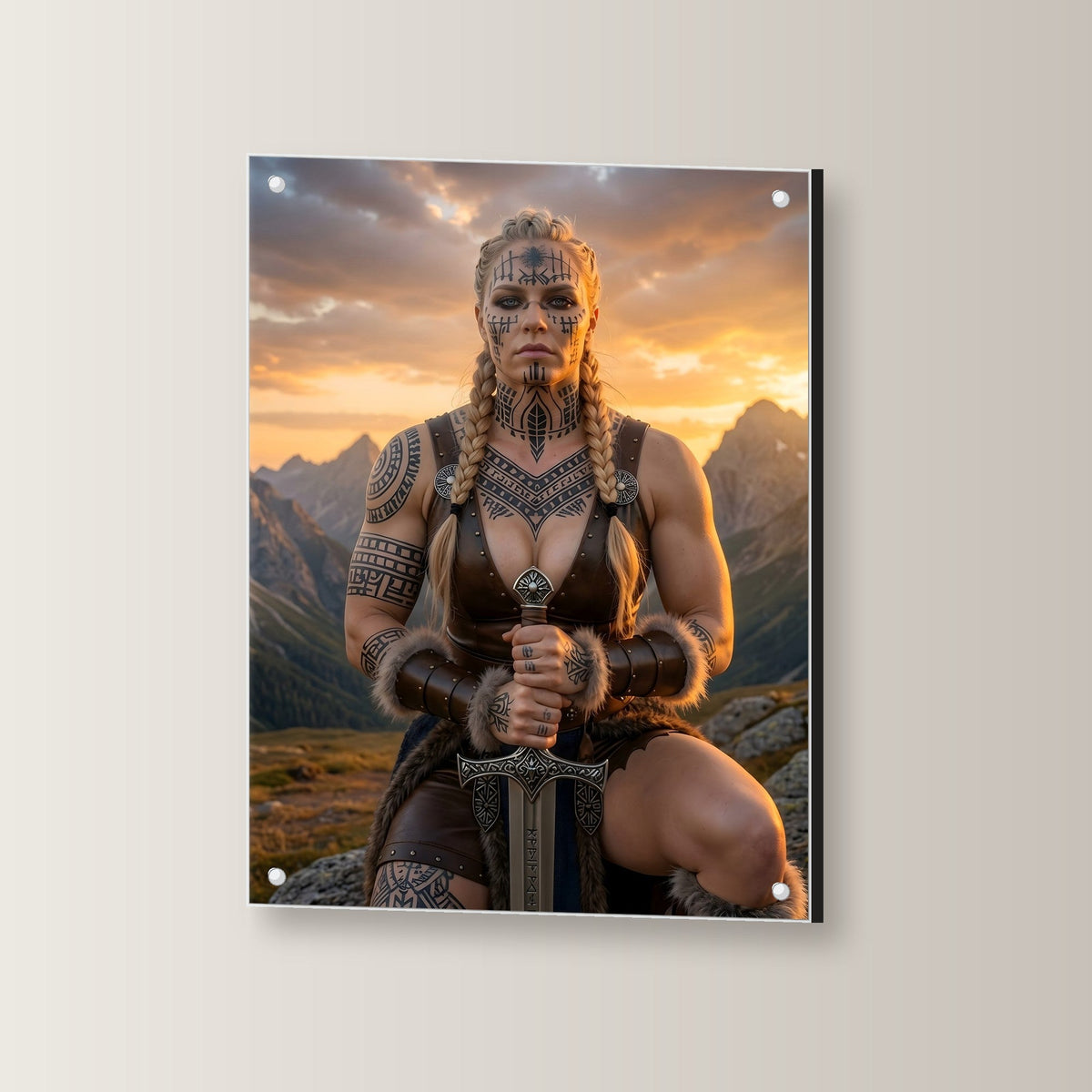Die Runenkriegerin – Schildmaid mit Runen im Gesicht kniet mit Schwert vor den Bergen, auf Acrylglas mit Edelstahl-Abstandshaltern, leicht gedreht an der Wand