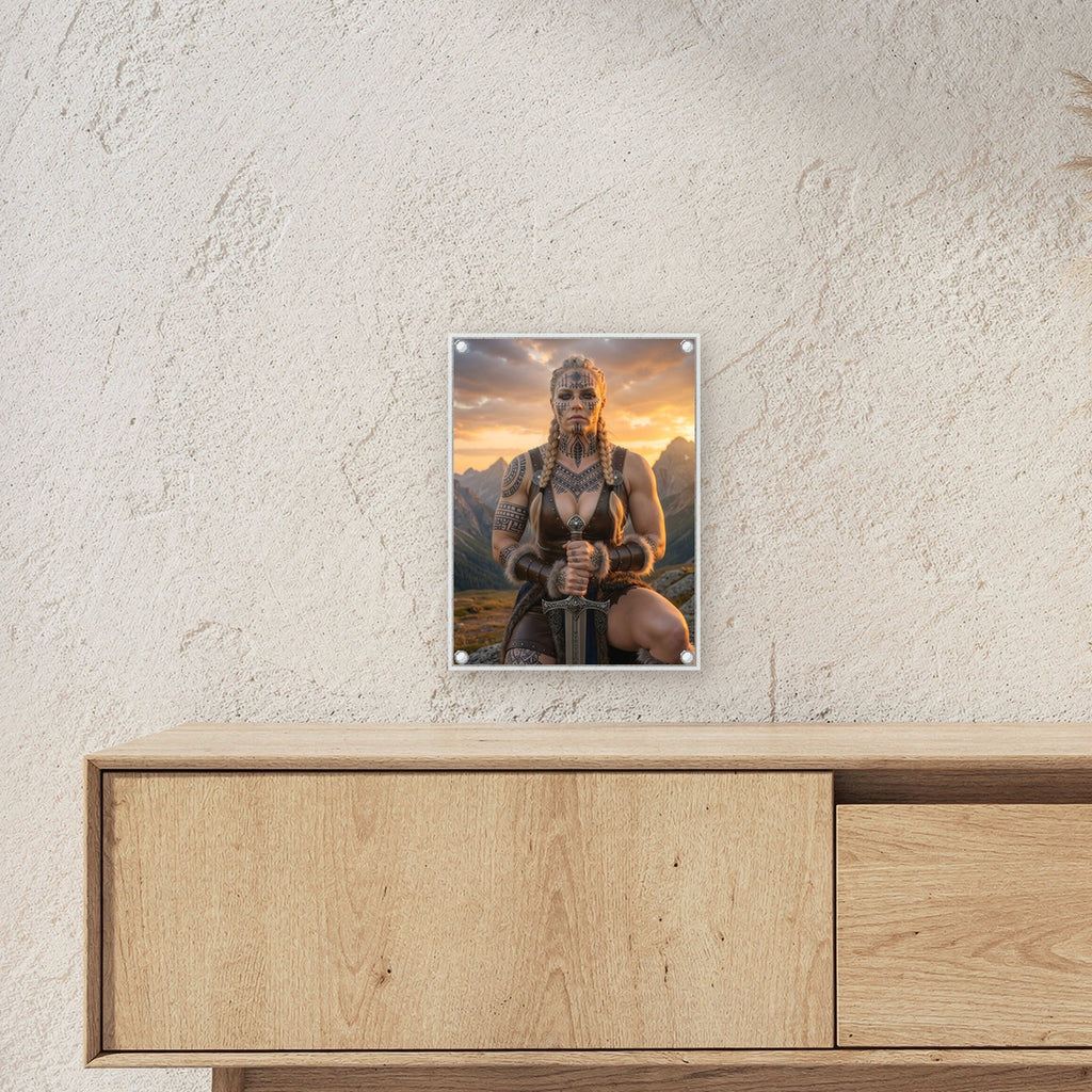 Die Runenkriegerin – Schildmaid mit Runen im Gesicht kniet mit Schwert vor den Bergen, auf Acrylglas mit Edelstahl-Abstandshaltern, über einem Sideboard, zeigt die Größe im Raum