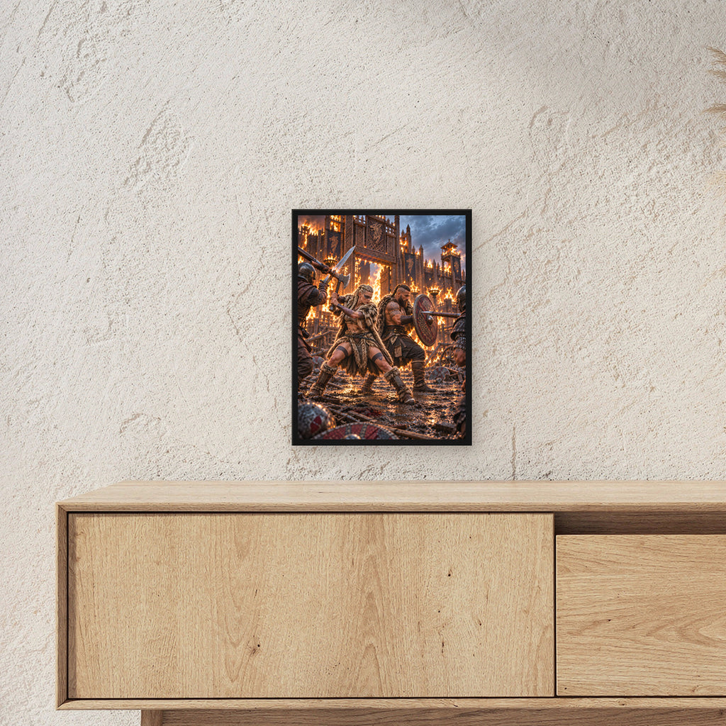 Rücken an Rücken – Wikingerpaar Rücken an Rücken vor einer brennenden Festung, im schwarzen Holzrahmen, über einem Sideboard, zeigt die Größe im Raum