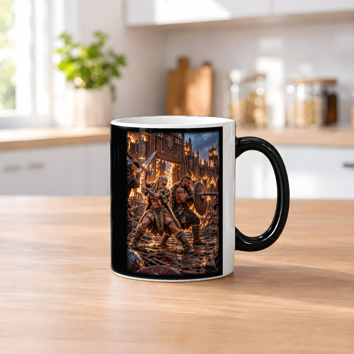 Rücken an Rücken – Wikingerpaar Rücken an Rücken vor einer brennenden Festung, Black Edition (Zaubertasse), auf einem Küchentresen