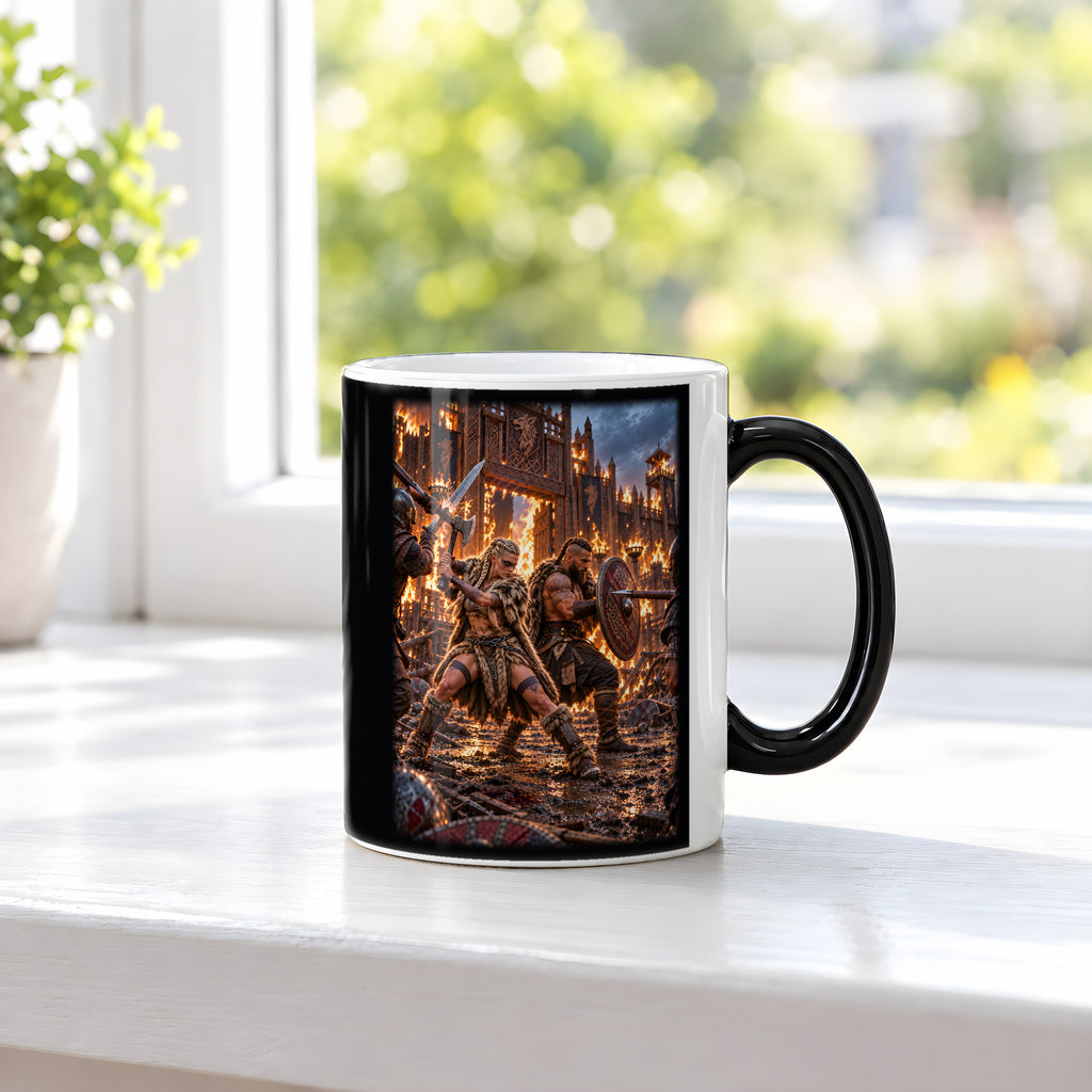 Rücken an Rücken – Wikingerpaar Rücken an Rücken vor einer brennenden Festung, Black Edition (Zaubertasse), auf einer Fensterbank