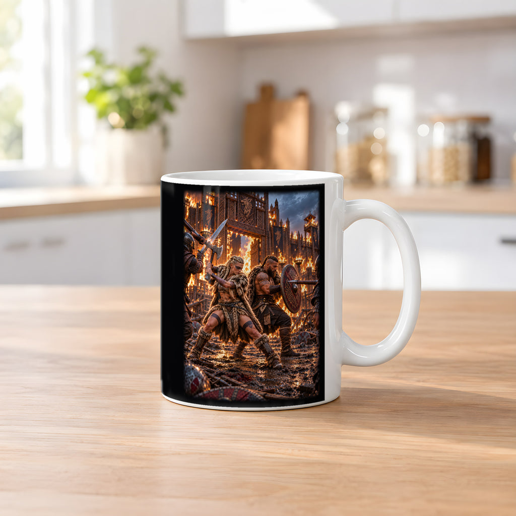 Rücken an Rücken – Wikingerpaar Rücken an Rücken vor einer brennenden Festung, Tasse Weiß, auf einem Küchentresen