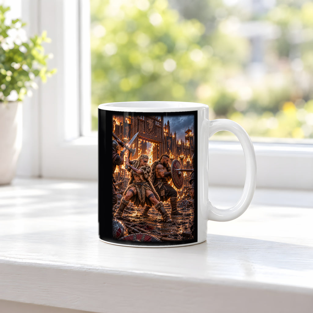 Rücken an Rücken – Wikingerpaar Rücken an Rücken vor einer brennenden Festung, Tasse Weiß, auf einer Fensterbank