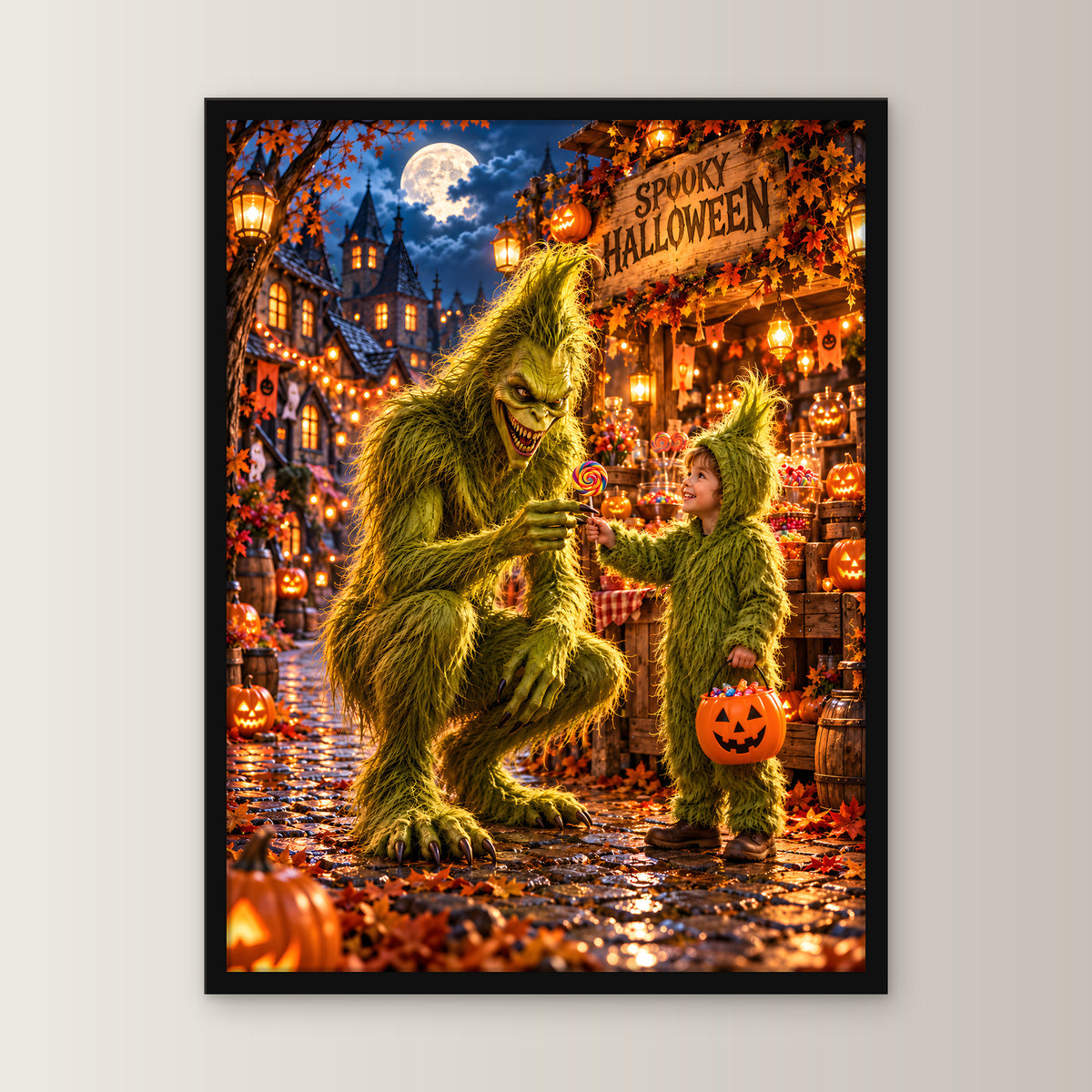 Der Süßigkeitentausch – Halloween-Monster und Kind mit buntem Lutscher, im schwarzen Holzrahmen, gerade von vorn an heller Wand