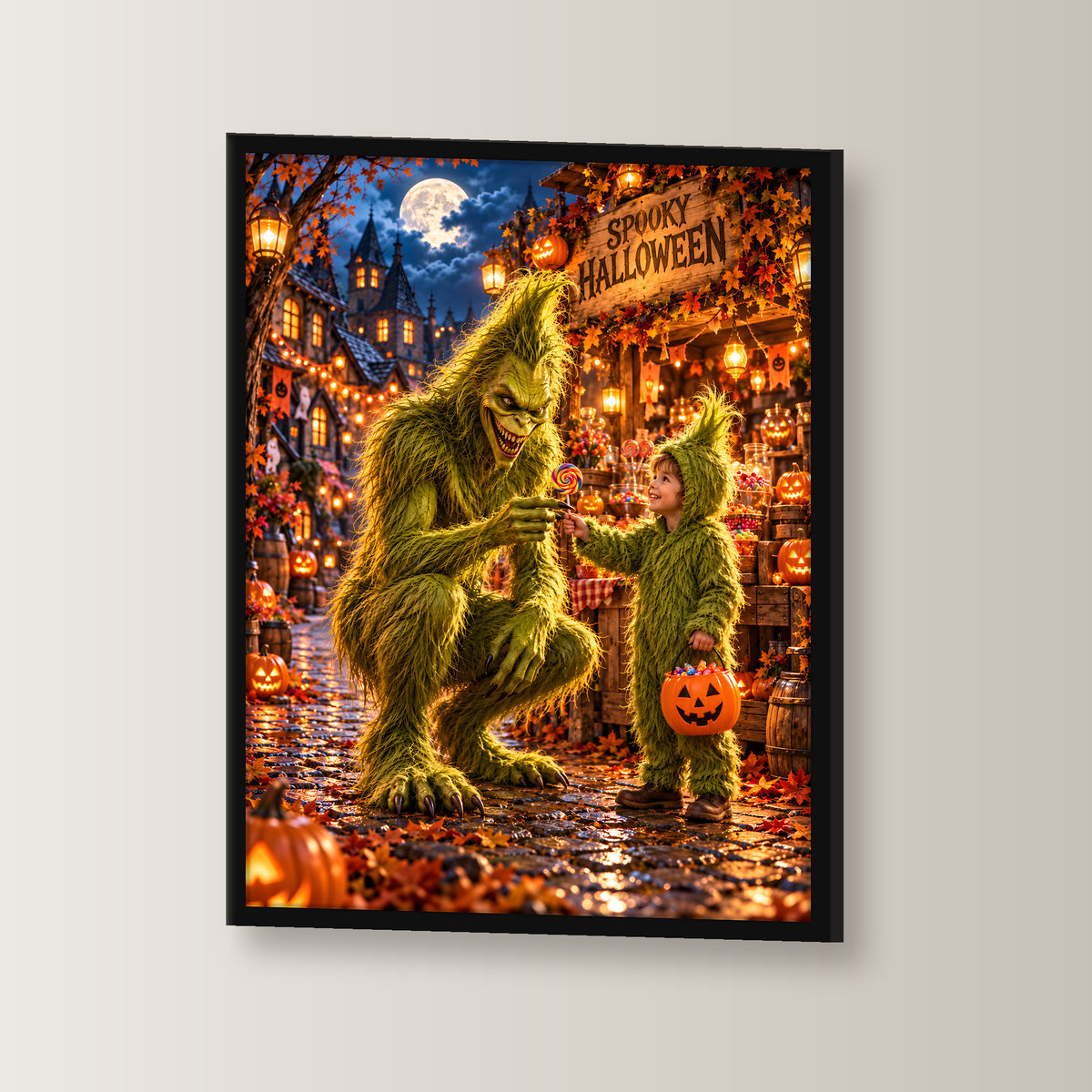 Der Süßigkeitentausch – Halloween-Monster und Kind mit buntem Lutscher, im schwarzen Holzrahmen, leicht gedreht an der Wand