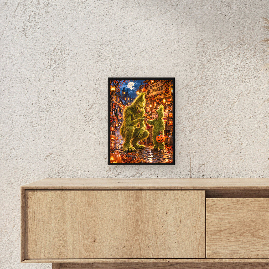 Der Süßigkeitentausch – Halloween-Monster und Kind mit buntem Lutscher, im schwarzen Holzrahmen, über einem Sideboard, zeigt die Größe im Raum
