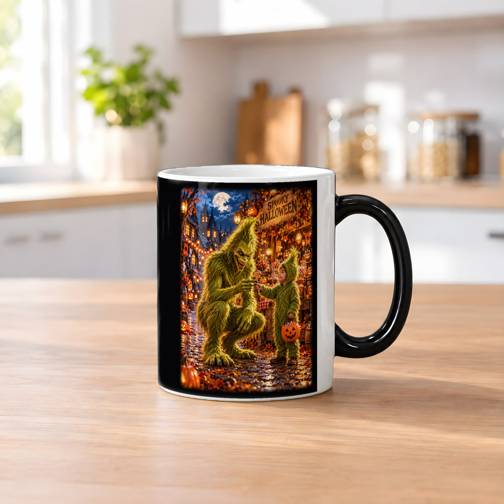 Der Süßigkeitentausch – Halloween-Monster und Kind mit buntem Lutscher, Black Edition (Zaubertasse), auf einem Küchentresen