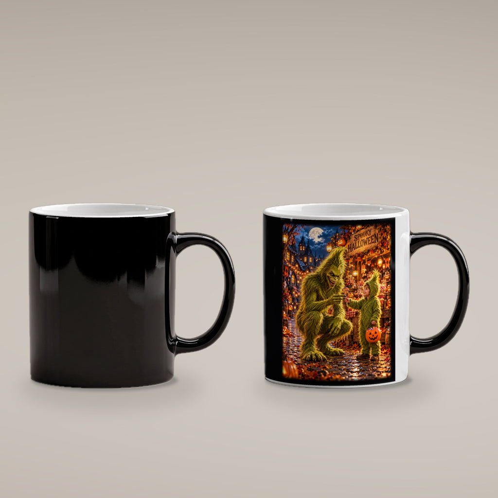 Der Süßigkeitentausch – Halloween-Monster und Kind mit buntem Lutscher, Black Edition (Zaubertasse), kalt schwarz und heiß mit sichtbarem Motiv