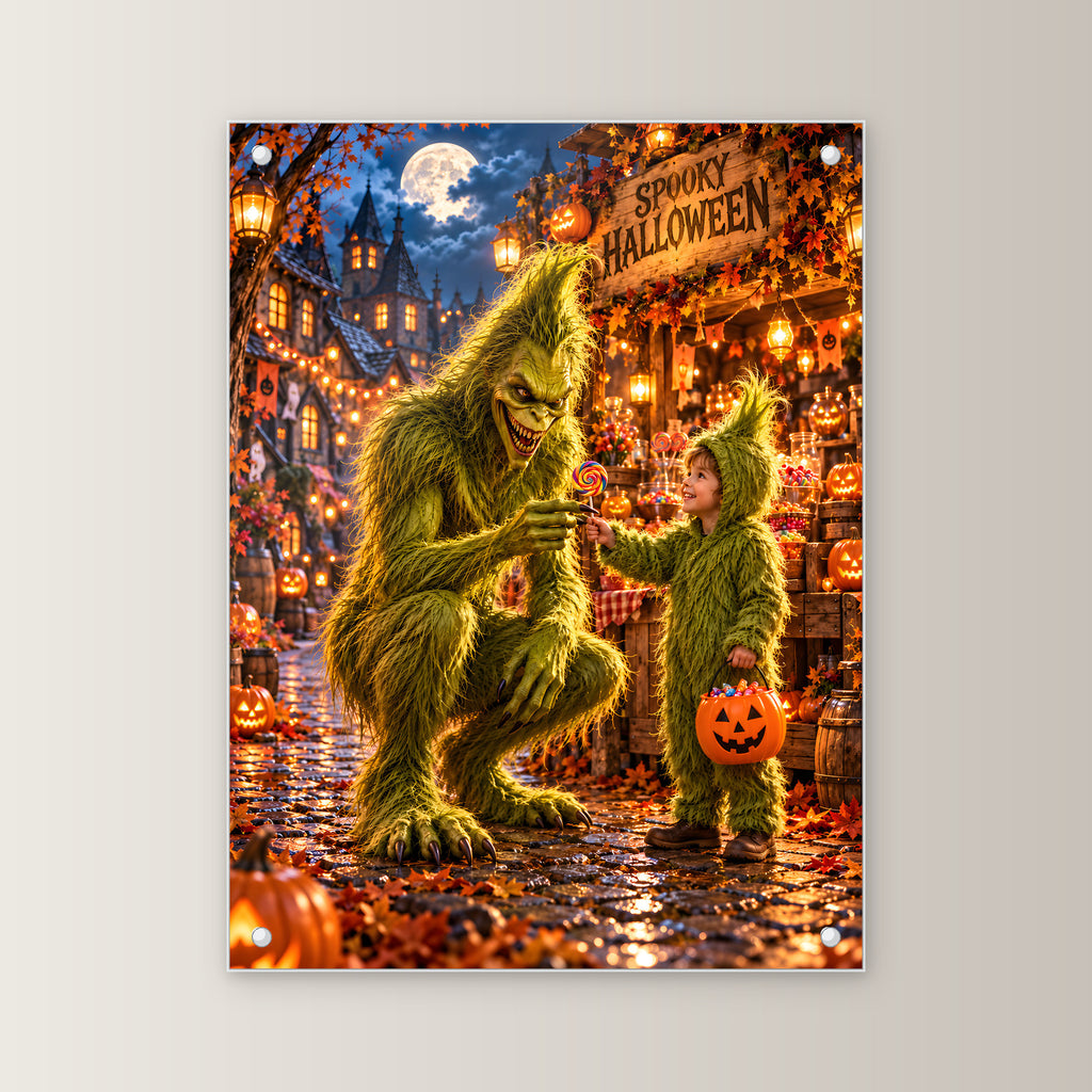 Der Süßigkeitentausch – Halloween-Monster und Kind mit buntem Lutscher, auf Acrylglas mit vier Abstandshaltern, gerade von vorn an heller Wand