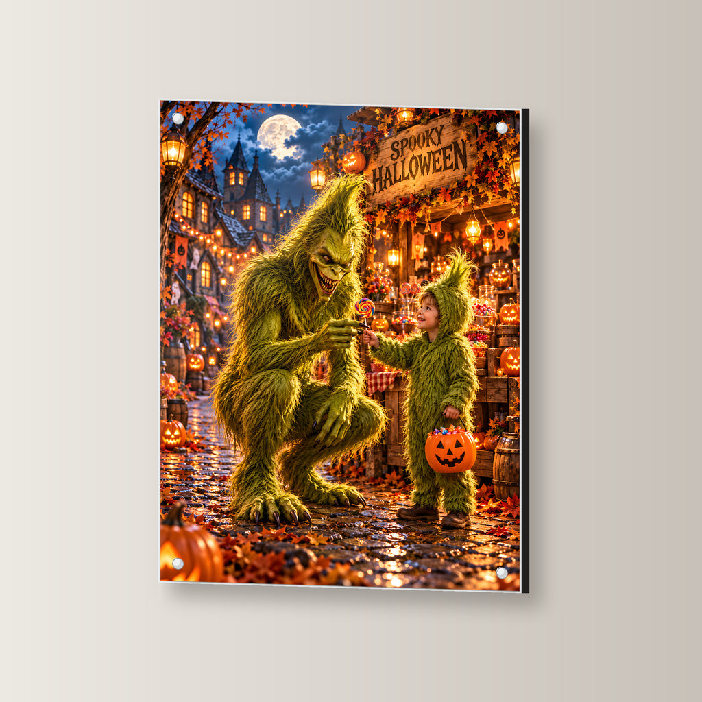 Der Süßigkeitentausch – Halloween-Monster und Kind mit buntem Lutscher, auf Acrylglas mit vier Abstandshaltern, leicht gedreht an der Wand