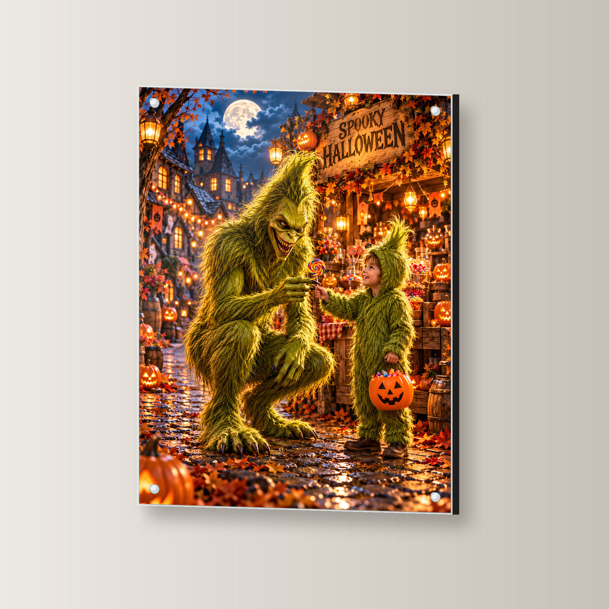 Der Süßigkeitentausch – Halloween-Monster und Kind mit buntem Lutscher, auf Acrylglas mit vier Abstandshaltern, leicht gedreht an der Wand