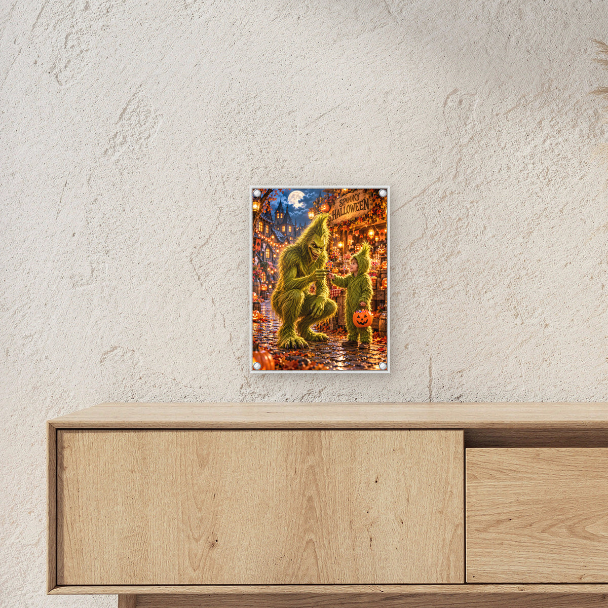 Der Süßigkeitentausch – Halloween-Monster und Kind mit buntem Lutscher, auf Acrylglas mit vier Abstandshaltern, über einem Sideboard, zeigt die Größe im Raum