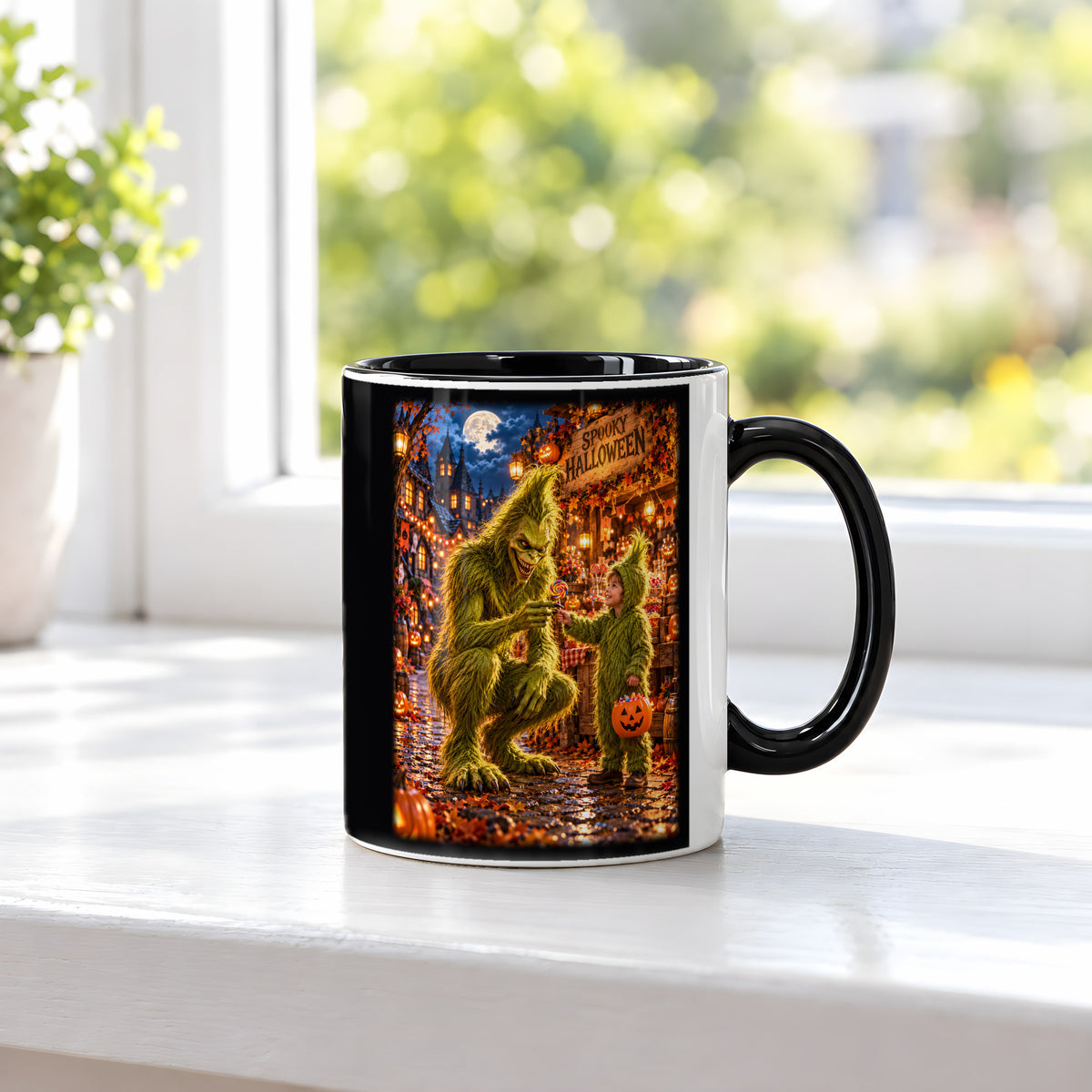 Der Süßigkeitentausch – Halloween-Monster und Kind mit buntem Lutscher, Tasse Innen schwarz, auf einer Fensterbank
