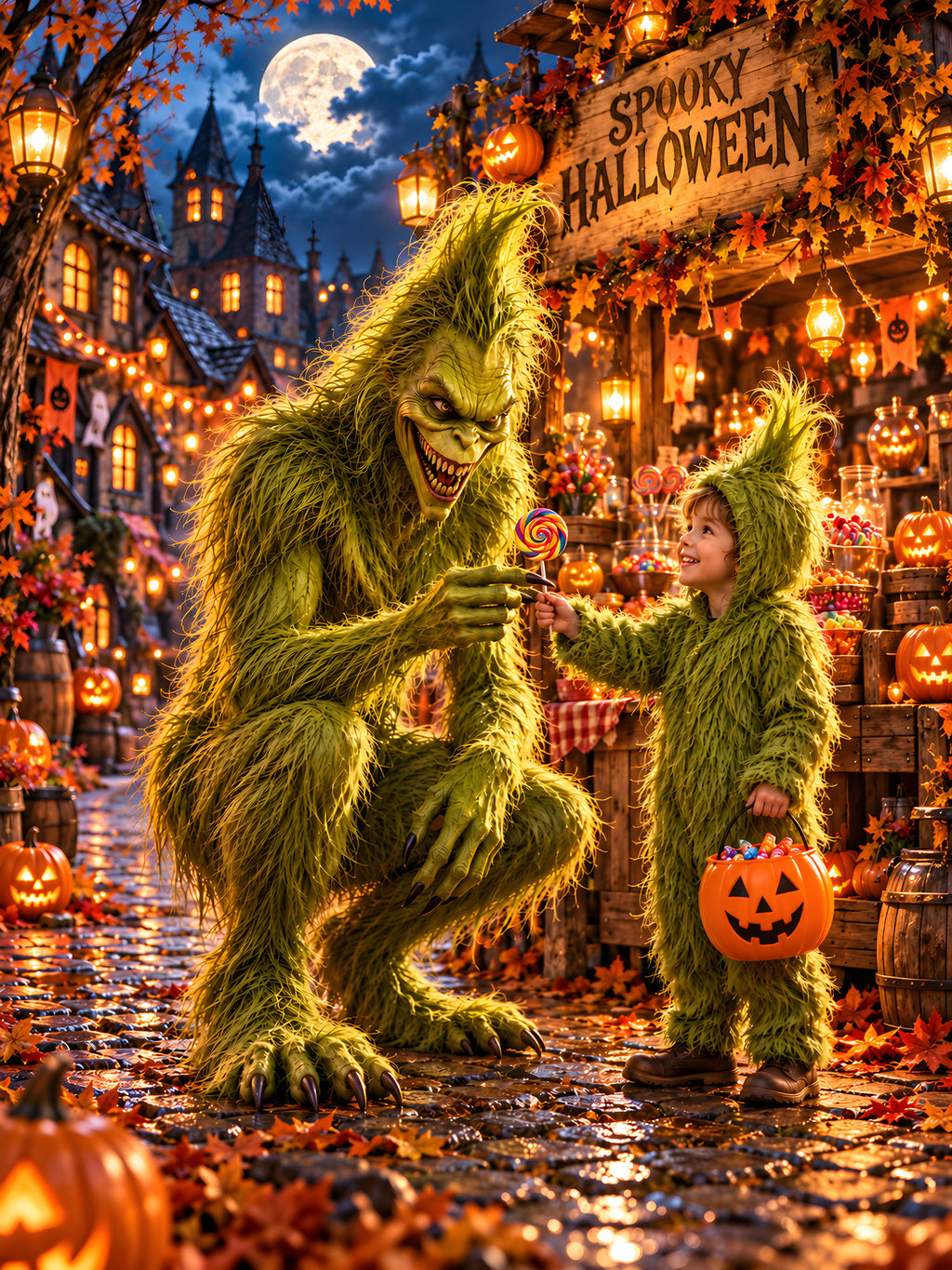 Der Süßigkeitentausch – Halloween-Monster und Kind mit buntem Lutscher, vollständiges Motiv
