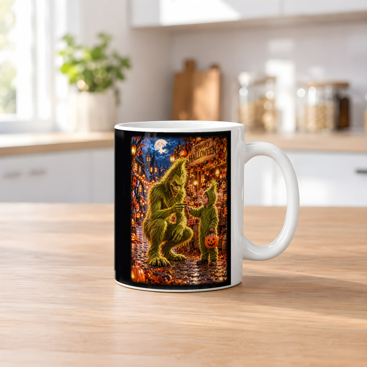 Der Süßigkeitentausch – Halloween-Monster und Kind mit buntem Lutscher, Tasse Weiß, auf einem Küchentresen