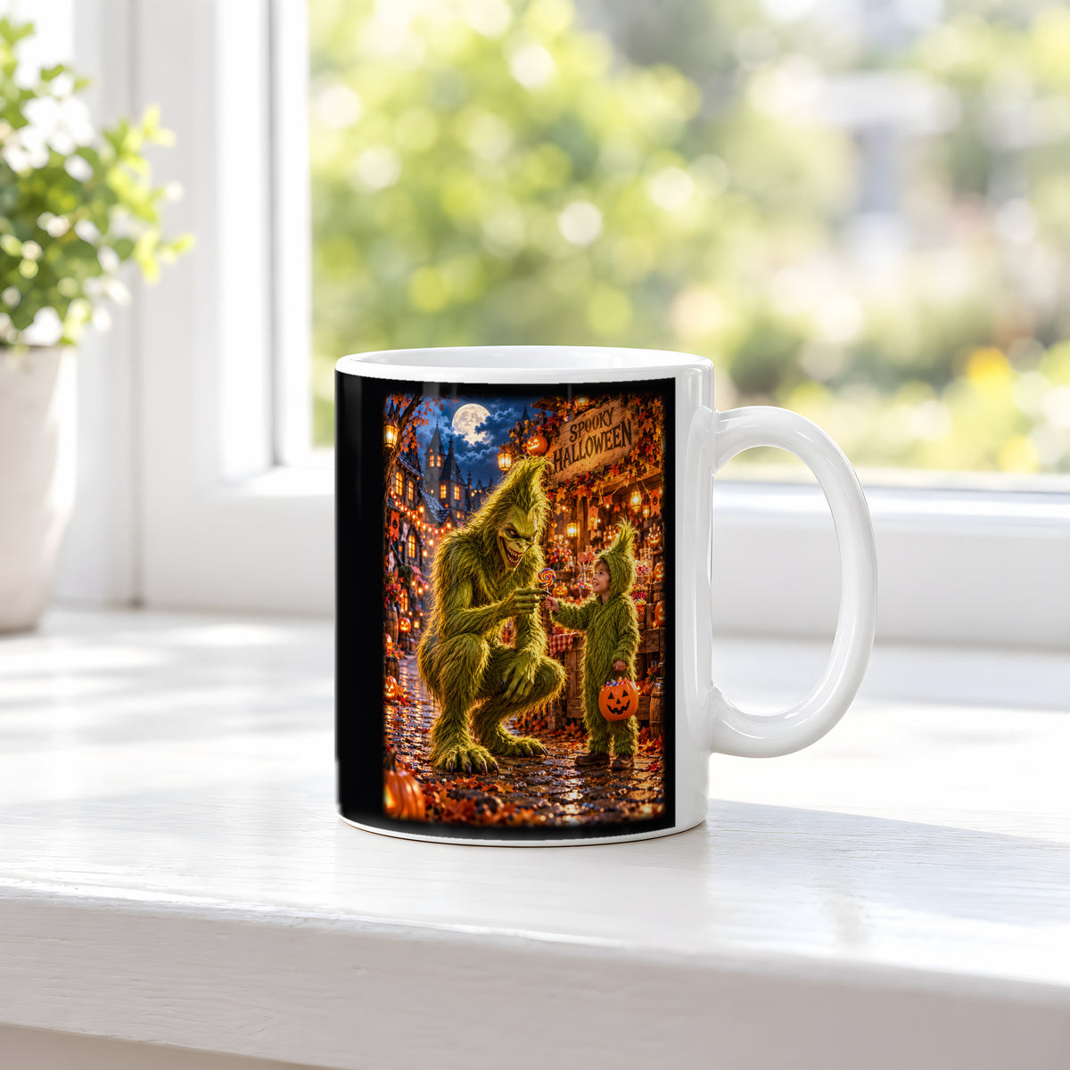 Der Süßigkeitentausch – Halloween-Monster und Kind mit buntem Lutscher, Tasse Weiß, auf einer Fensterbank