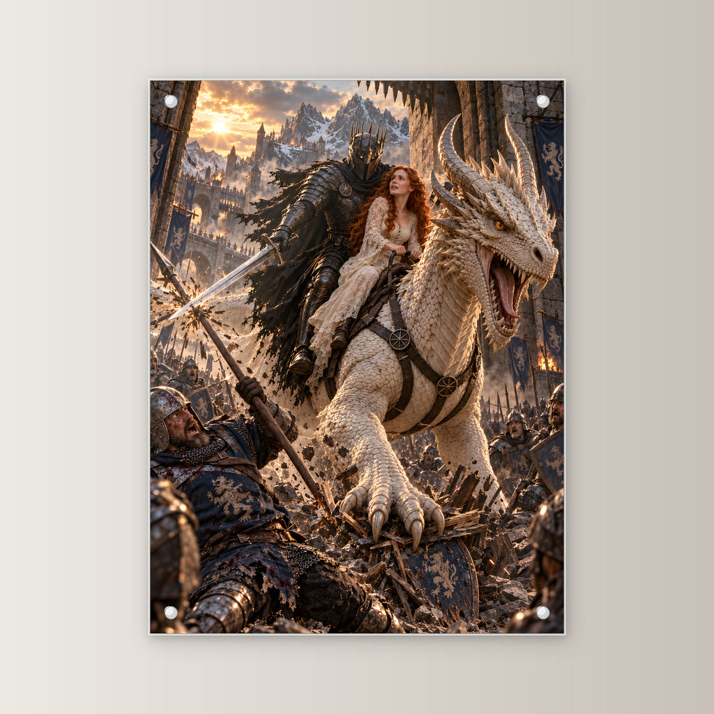 Durchbruch auf dem weißen Drachen – Acrylglasbild mit Abstandshaltern, Frontalansicht