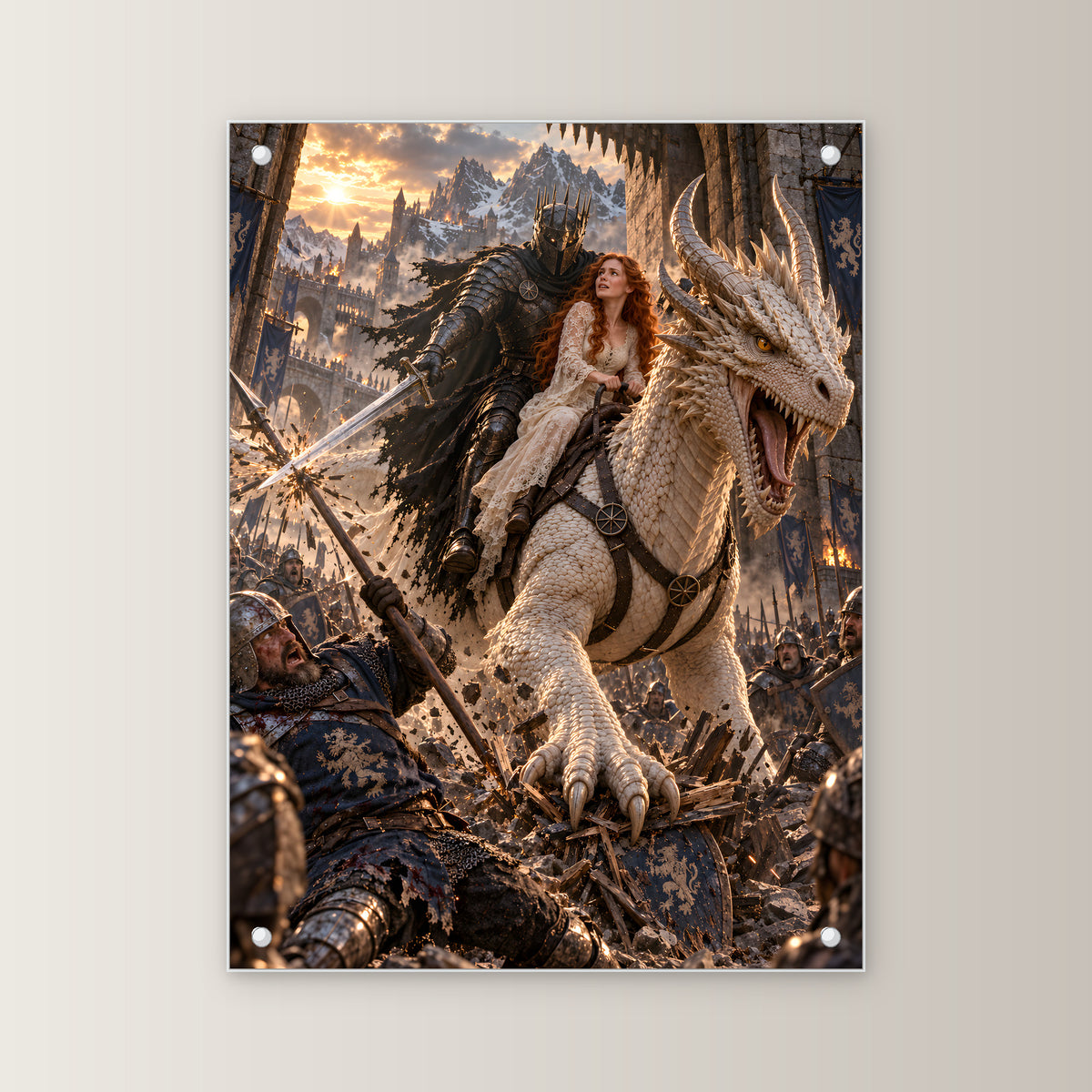 Durchbruch auf dem weißen Drachen – Acrylglasbild mit Abstandshaltern, Frontalansicht