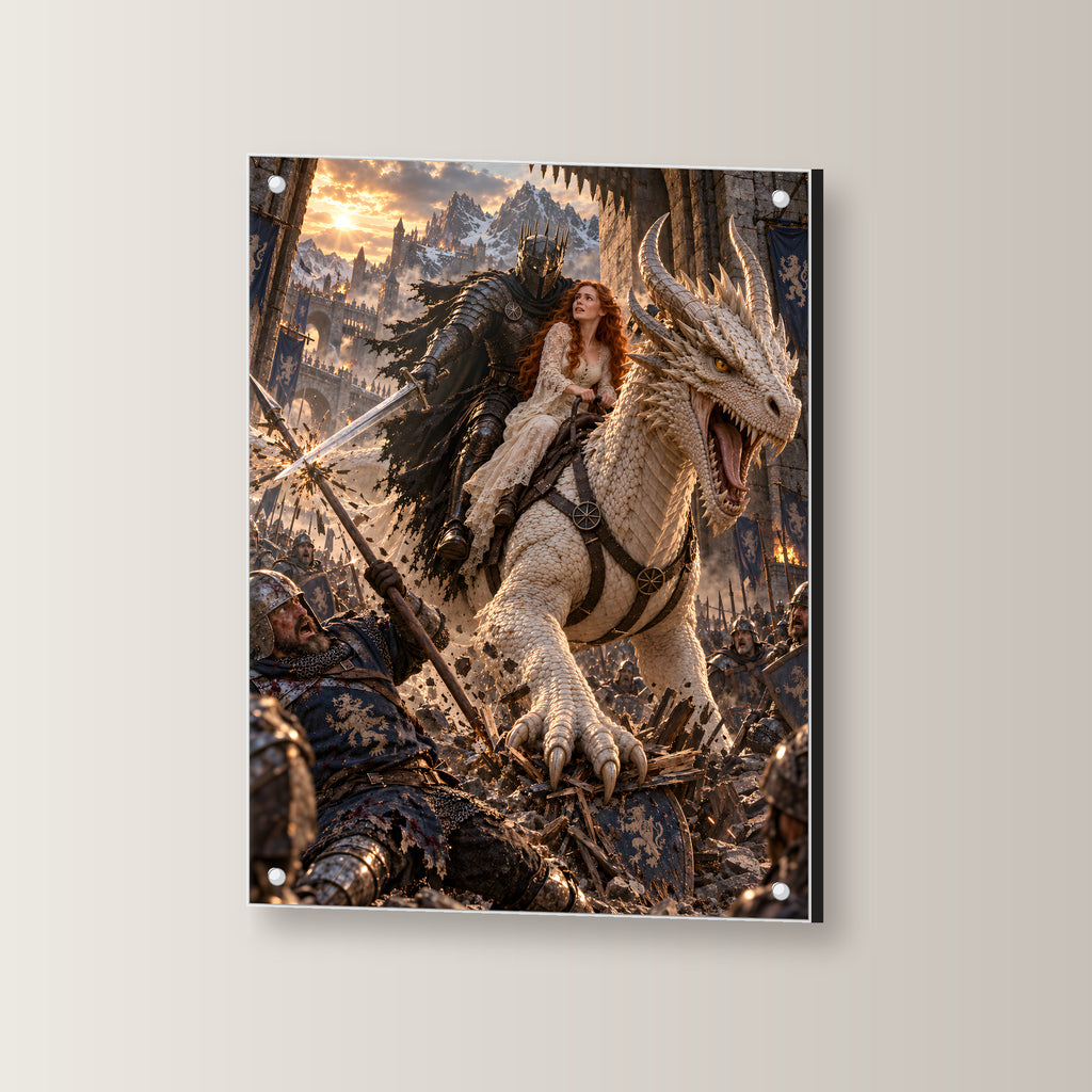 Durchbruch auf dem weißen Drachen – Acrylglasbild mit Abstandshaltern, schräge Ansicht