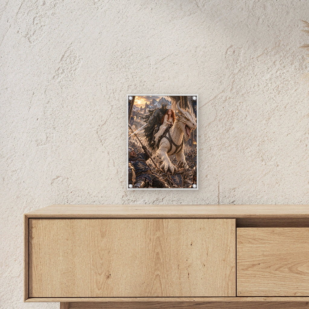 Durchbruch auf dem weißen Drachen – Acrylglasbild mit Abstandshaltern, Ansicht im Wohnraum
