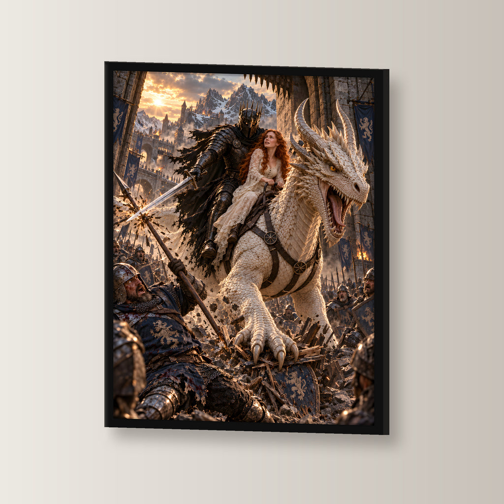 Durchbruch auf dem weißen Drachen – Wandbild im schwarzen Holzrahmen, schräge Ansicht