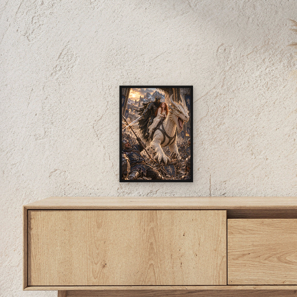 Durchbruch auf dem weißen Drachen – Wandbild im schwarzen Holzrahmen, Ansicht im Wohnraum