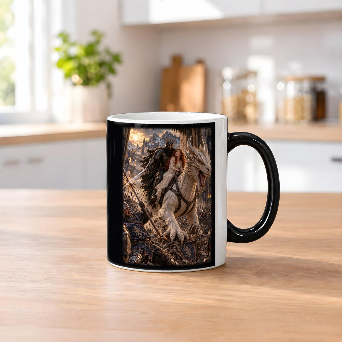 Durchbruch auf dem weißen Drachen – Zaubertasse mit sichtbarem Motiv bei Wärme, auf einer Küchenarbeitsplatte