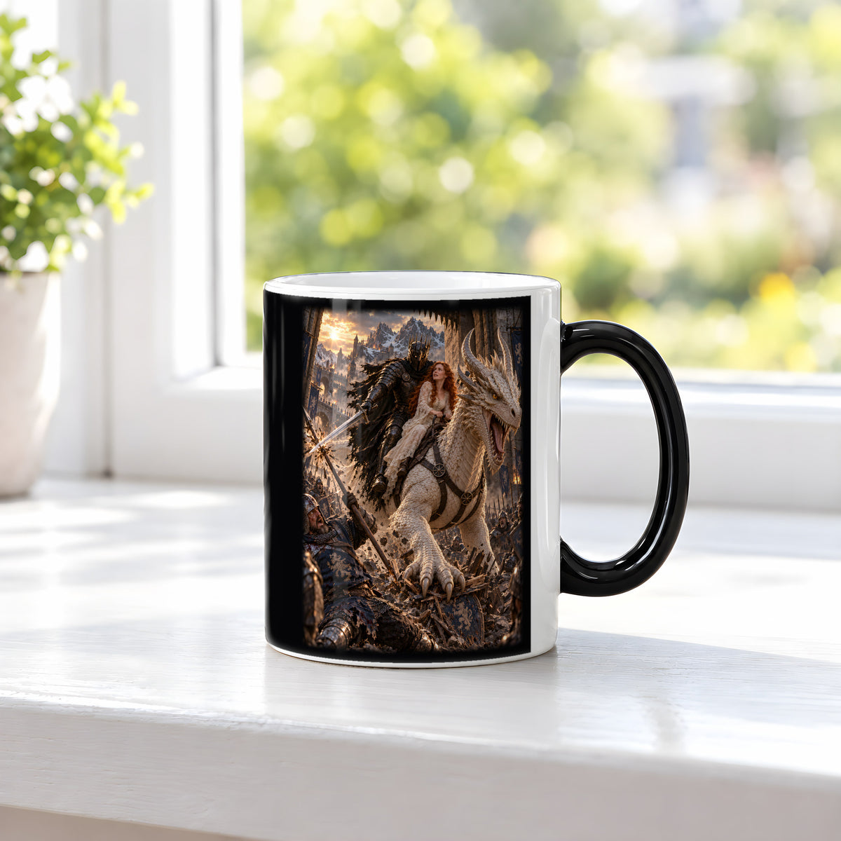 Durchbruch auf dem weißen Drachen – Zaubertasse mit sichtbarem Motiv bei Wärme, am Fenster