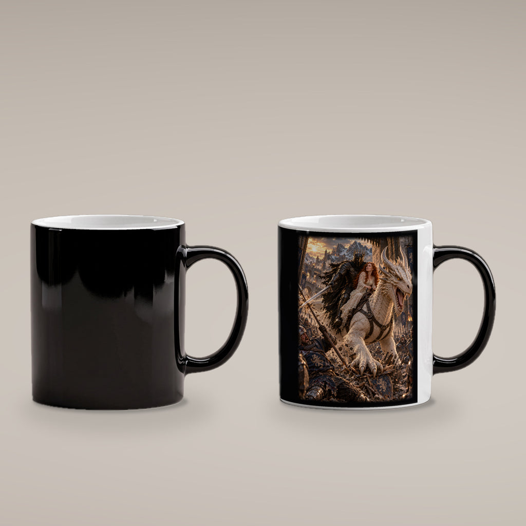 Durchbruch auf dem weißen Drachen – Zaubertasse mit sichtbarem Motiv bei Wärme, kalte schwarze und warme bedruckte Tasse im Vergleich