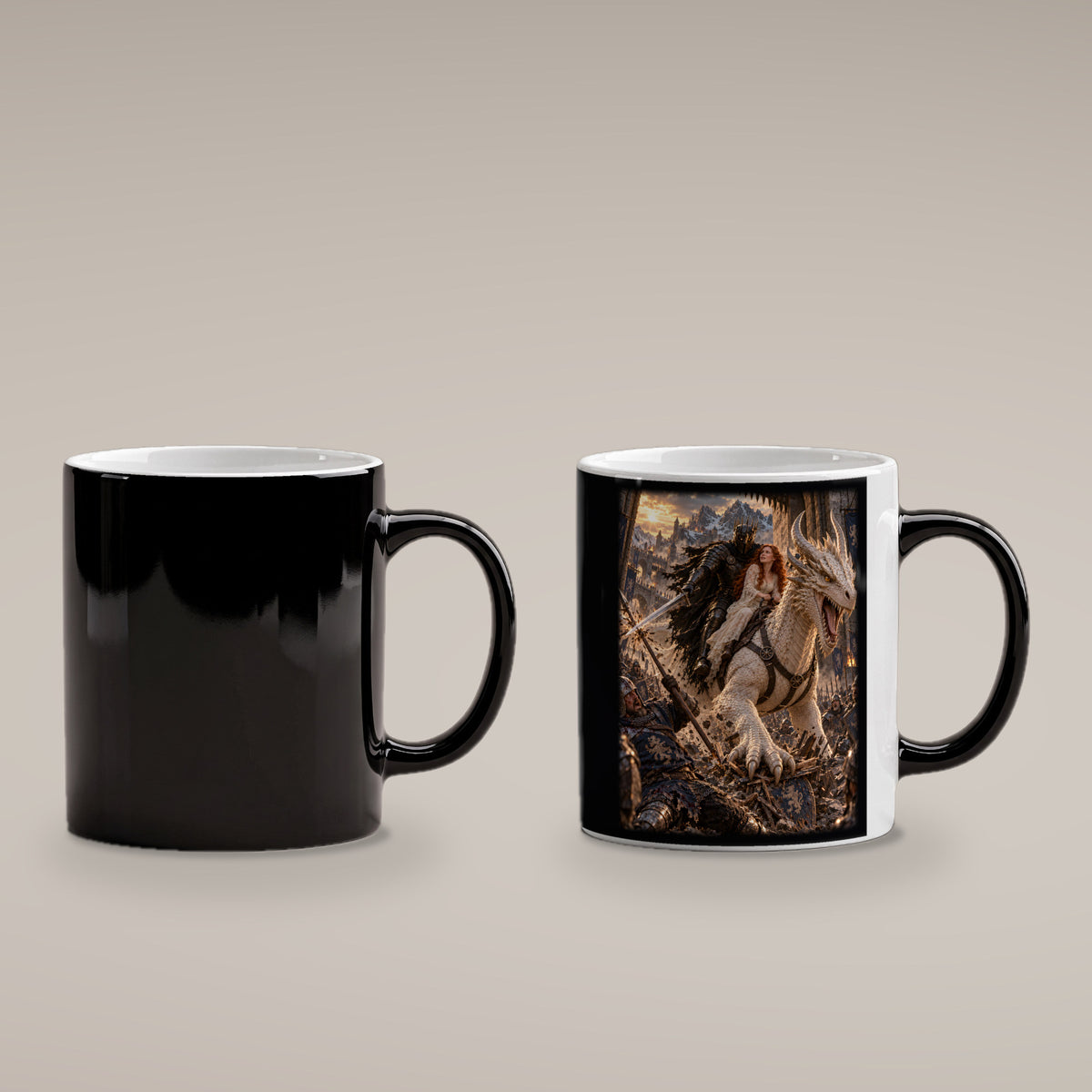 Durchbruch auf dem weißen Drachen – Zaubertasse mit sichtbarem Motiv bei Wärme, kalte schwarze und warme bedruckte Tasse im Vergleich