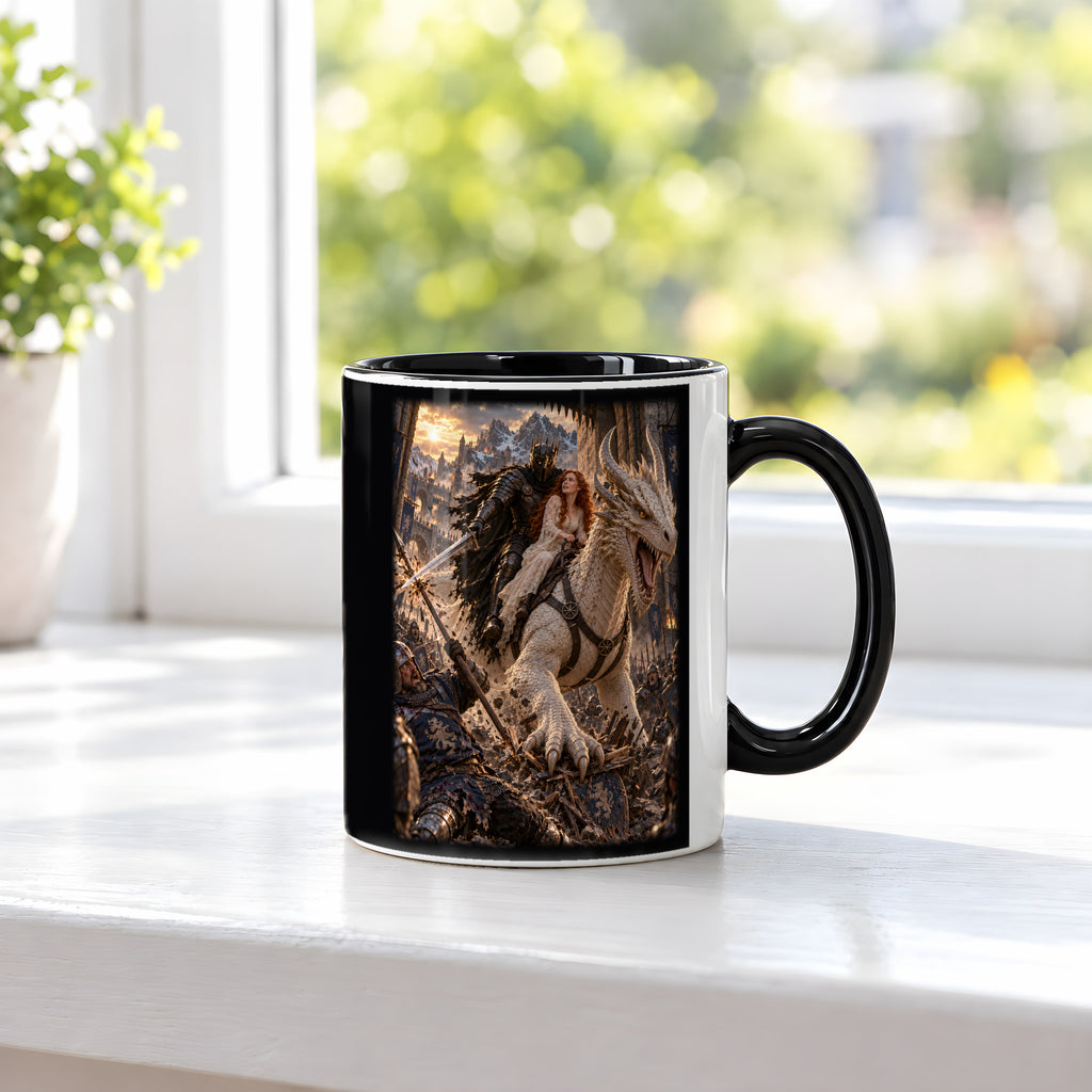 Durchbruch auf dem weißen Drachen – Keramiktasse mit schwarzem Henkel und schwarzer Innenseite, am Fenster