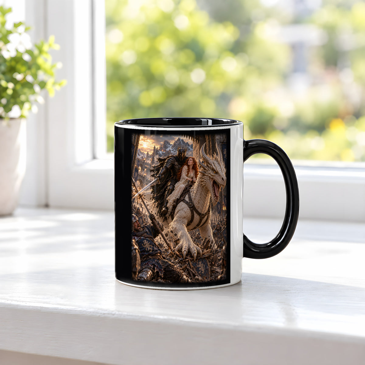 Durchbruch auf dem weißen Drachen – Keramiktasse mit schwarzem Henkel und schwarzer Innenseite, am Fenster