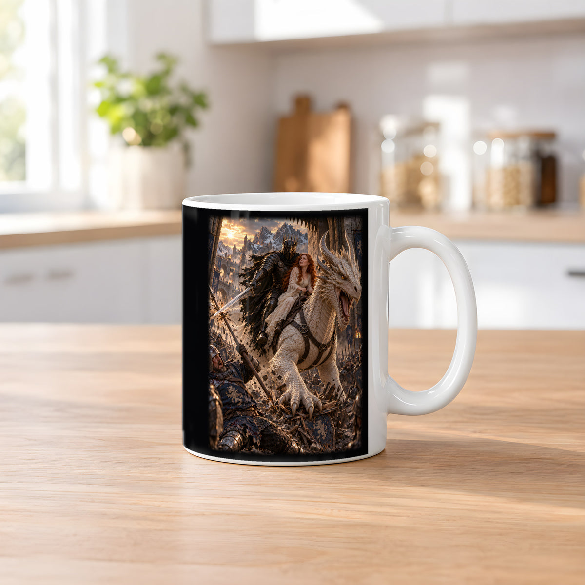 Durchbruch auf dem weißen Drachen – weiße Keramiktasse, auf einer Küchenarbeitsplatte