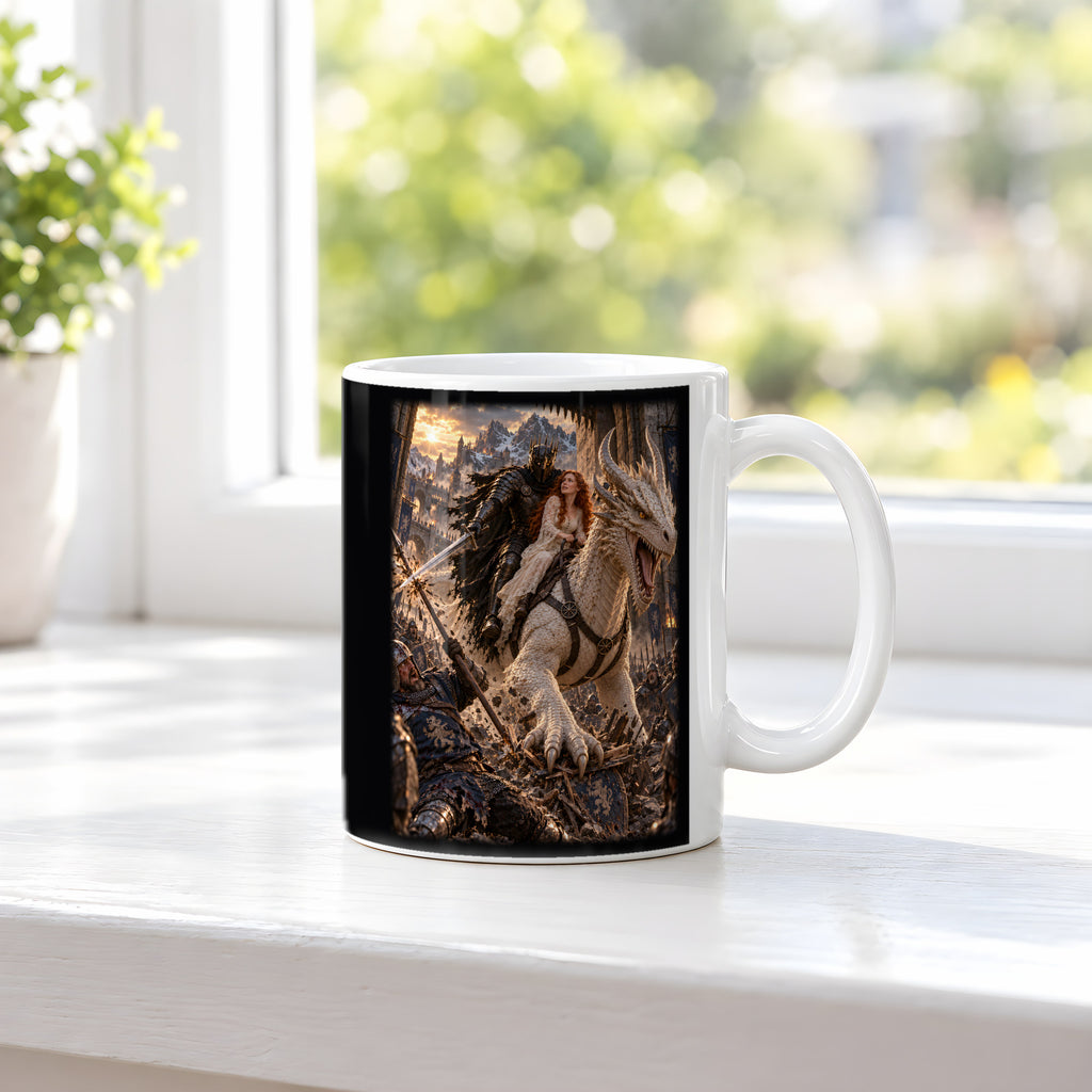 Durchbruch auf dem weißen Drachen – weiße Keramiktasse, am Fenster